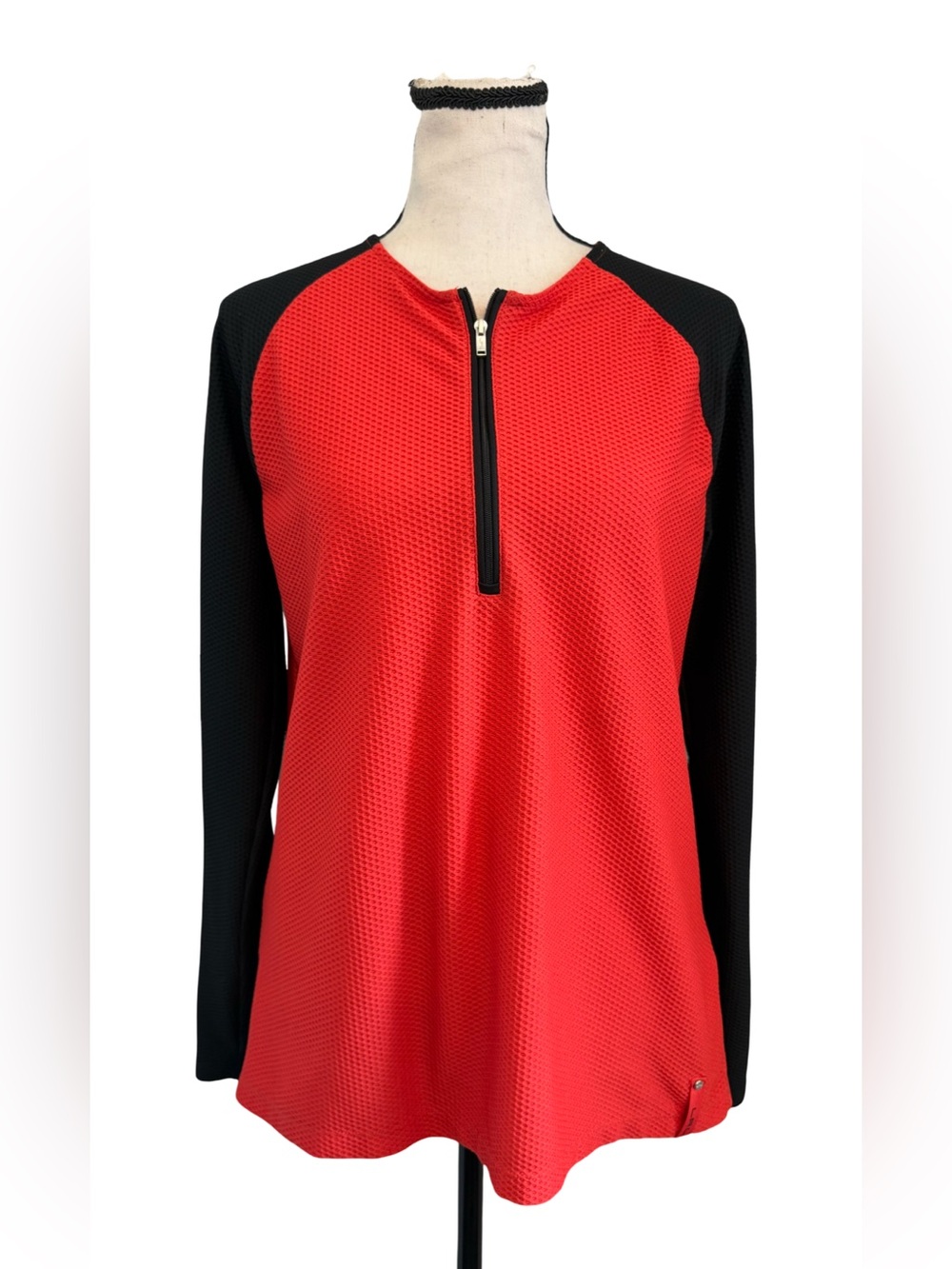 Lauren Ralph Lauren Red Black Textured Quarter Zip Pullover Tunic Top Large